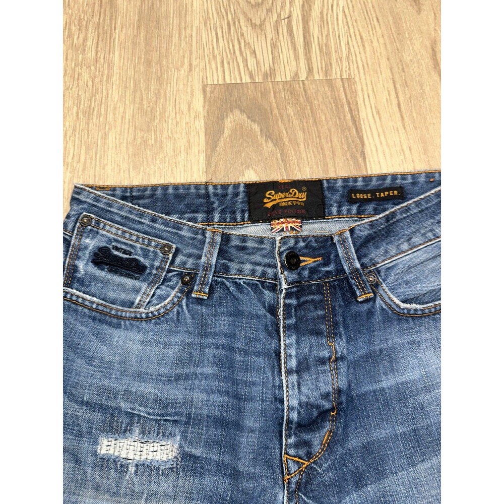 SuperDry Biker Edition Loose Taper Distressed Blue Jeans 29x30 (Tagged 30x32) - Picture 2 of 15
